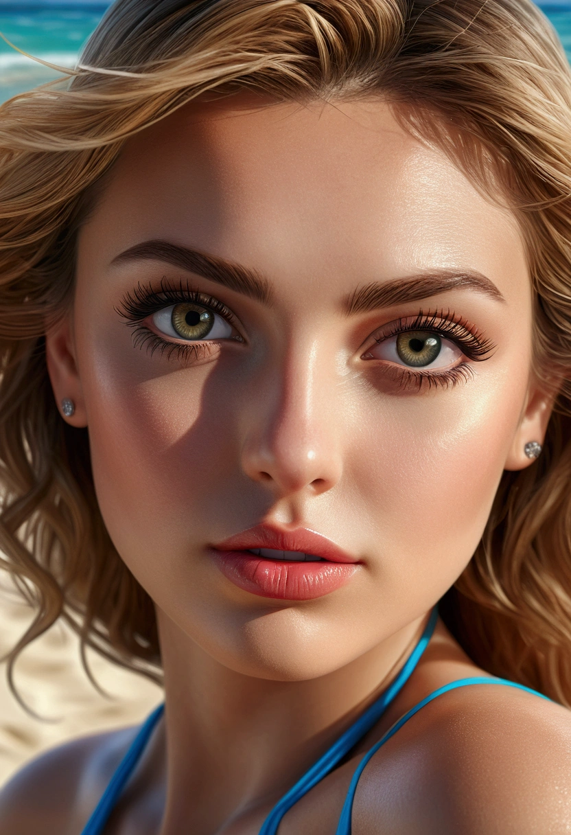 (best quality,4k,8k,highres,masterpiece:1.2),ultra-detailed,(realistic,photorealistic,photo-realistic:1.37),beautiful detailed eyes,beautiful detailed lips,extremely detailed eyes and face,longeyelashes,1 woman,large breasts,bikini,milf,summer beach,ocean waves,sand,sunlight,bright colors,warm tones