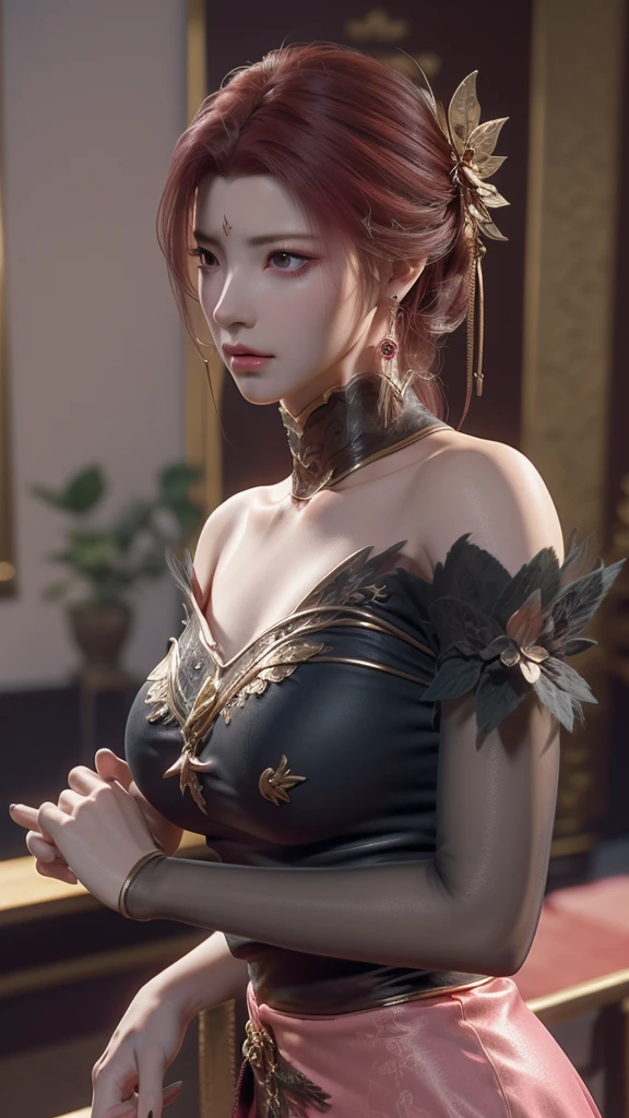 Best Quality, Masterpiece, Ultra High Resolution, (Realisticity: 1.4), Original Photo, 1girl, Pink Off-the-Shoulder, Cinematic Lighting, donghua dresses, 