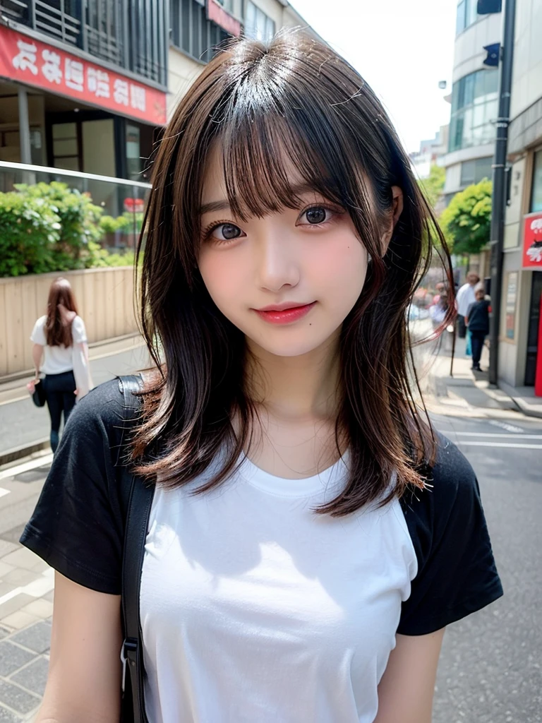 Tabletop, Highest quality, shape, Very detailed, finely, High resolution, 8k wallpaper, 完璧なダイナミックな構shape, finelyて美しい目, T-Shirts,Medium Hair,Natural color lip, smile,Harajuku、age Girl、cute、Looking into the camera、flat chest、Brown Hair、Riverside、Street Snap、Anatomically correct, Ultra high definition, Winner of numerous awards, super high quality、