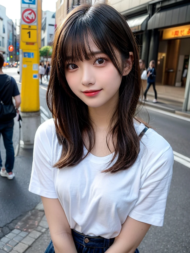 Tabletop, Highest quality, shape, Very detailed, finely, High resolution, 8k wallpaper, 完璧なダイナミックな構shape, finelyて美しい目, T-Shirts,Medium Hair,Natural color lip, smile,Harajuku、Teenage Girl、cute、Looking into the camera、flat chest、Brown Hair、Riverside、Street Snap、Anatomically correct, Ultra high definition, Winner of numerous awards, super high quality、