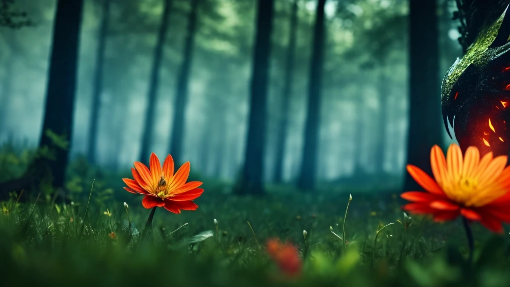 a close-up of a flower in the middle of a forest, with a blurred, gigantic monster running in the background, cinematic 4k rpg game style, flame trailer film