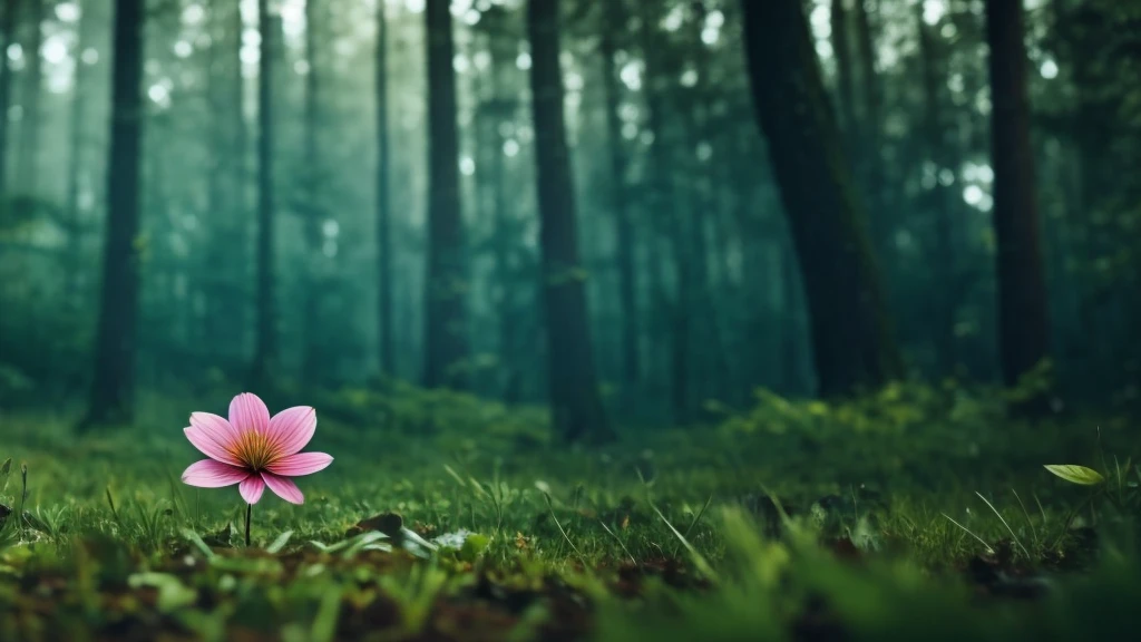 a close-up of a flower in the middle of a forest, with a blurred, gigantic monster running in the background, cinematic 4k rpg game style, flame trailer film