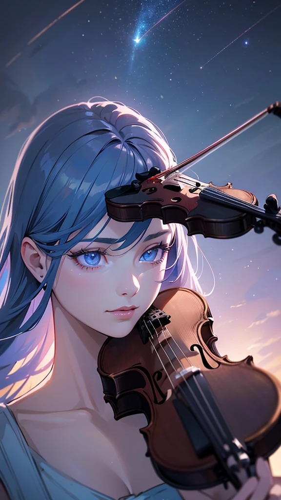 A young woman with sky blue hair and red eyes (((playing a violin))) ,on the water, surrounded by a fantasy night sky with colorful stars and a comet, wearing a black military uniform and closing one eye, (best quality,8k,highres,masterpiece:1.2),ultra-detailed,(realistic,photorealistic,photo-realistic:1.37),portrait,fantasy,cinematic lighting,dramatic colors,highly detailed facial features,beautiful detailed eyes,beautiful detailed lips,extremely detailed eyes and face,long eyelashes,elegant pose,magical atmosphere,dramatic sky,glowing celestial objects