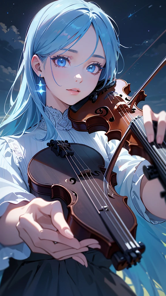 A young woman with sky blue hair and red eyes (((playing a violin))) ,on the water, surrounded by a fantasy night sky with colorful stars and a comet, wearing a black military uniform and closing one eye, (best quality,8k,highres,masterpiece:1.2),ultra-detailed,(realistic,photorealistic,photo-realistic:1.37),portrait,fantasy,cinematic lighting,dramatic colors,highly detailed facial features,beautiful detailed eyes,beautiful detailed lips,extremely detailed eyes and face,long eyelashes,elegant pose,magical atmosphere,dramatic sky,glowing celestial objects