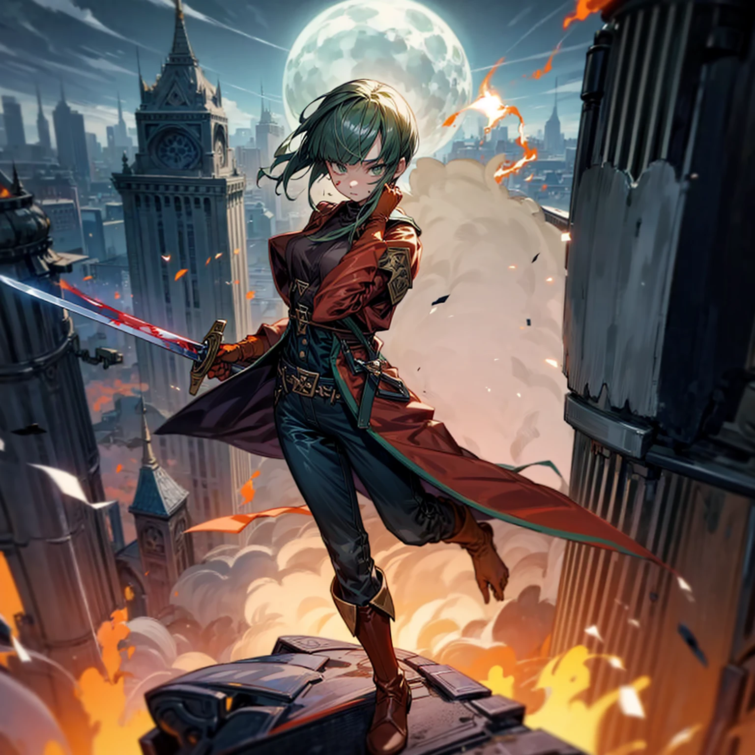 1girl, Full body version, 1character, green eyes, short haircut, (green color hair), soldier style clothing, red colour clothing, jacket, jeans, belt, boots, gloves, Grassroots, background On the roof of a city building, motion blur, (detective conan style art), sword in hand, fire effect on sword, lighting effect on sword, fire effect, smoke effect, aura effect, Moonlight, bloody background, blood on face, blood on shirt, blood on sword