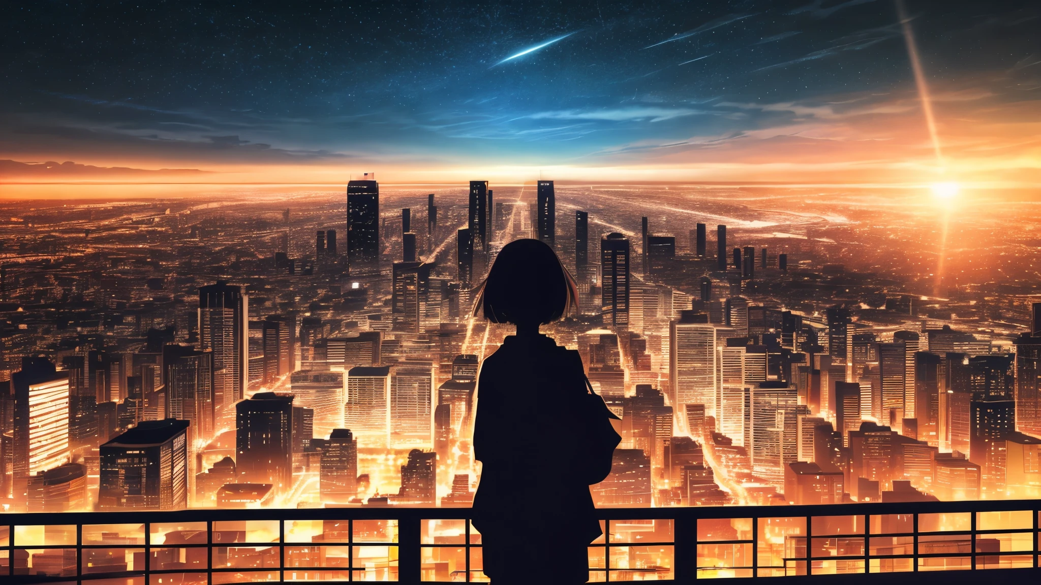 japanese cartoon movies,silhouette,1 woman, star (sky), cloud, cityscape, building, city, outdoors, skyscraper, city lights, night, night sky, sunset, skyline