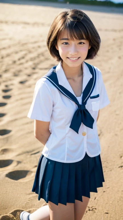 Lens: 135mm f1.8, (top quality), (beautiful Japanese girl), (moisturized lips), narrow eyes, double eyelids, delicate collarbone, flat chest, smile, (spotted Sunlight: Not 1.2), Professional lighting, (Small figure), (Tanned skin: 0.2), Full body photo, Full body focus, (Kneeling), Neat honor student, Gradual body, (School uniform: 1.5), Boyish Super short hair, all her hair swept back, ponytail, sunny summer sandy beach, very, very small breasts, ungrown breasts, very cute, very young.