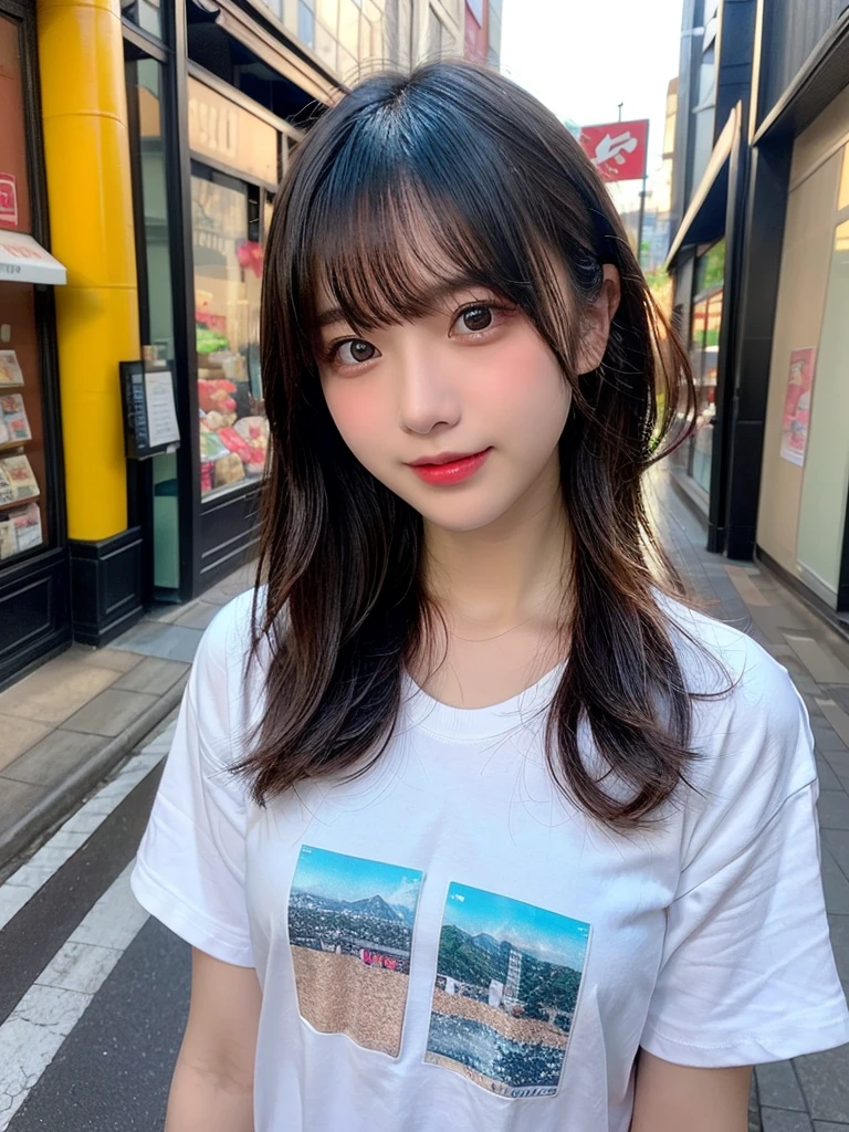 Tabletop, Highest quality, shape, Very detailed, finely, High resolution, 8k wallpaper, 完璧なダイナミックな構shape, finelyて美しい目, T-Shirts,Medium Hair,Natural color lip, smile,Harajuku、Teenage Girl、cute、Looking into the camera、flat chest、Brown Hair、Riverside、Street Snap、Anatomically correct, Ultra high definition, Winner of numerous awards, super high quality、