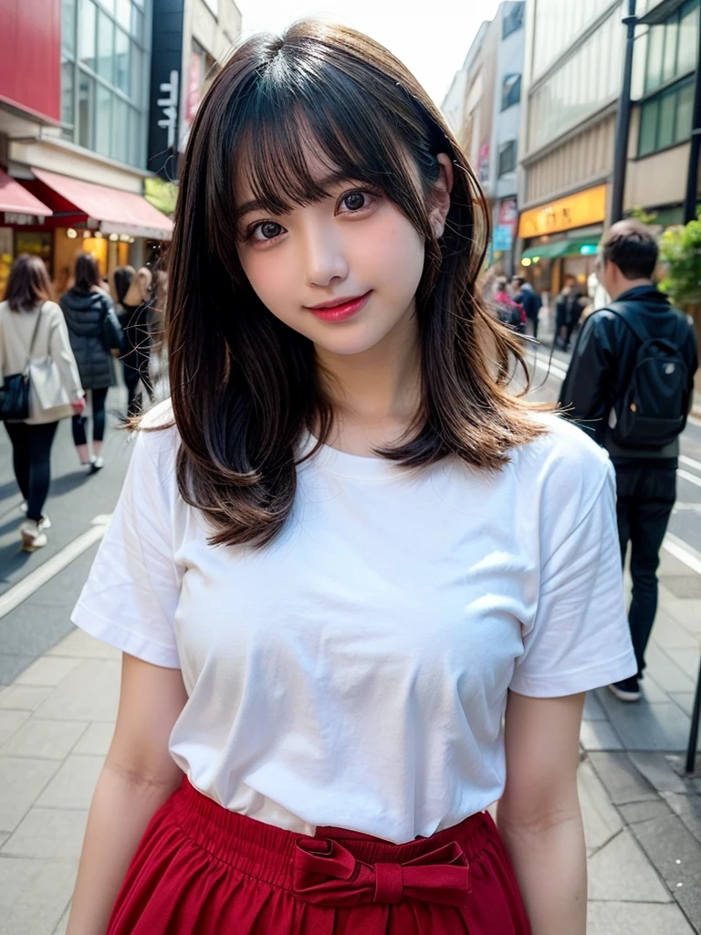 Tabletop, Highest quality, shape, Very detailed, finely, High resolution, 8k wallpaper, 完璧なダイナミックな構shape, finelyて美しい目, T-Shirts,Medium Hair,Natural color lip, smile,Harajuku、age Girl、cute、Looking into the camera、flat chest、Brown Hair、Riverside、Street Snap、Anatomically correct, Ultra high definition, Winner of numerous awards, super high quality、