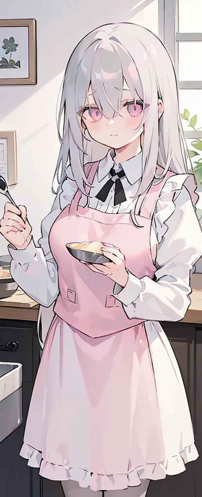 (((Long gray Beautiful Hair))),gray hair,kawai,(((Eyes visible from bangs,hair over eyes:1.3))),,Huge breasts,(pink color eyes),,(pink slanted eyes),1girl in,bangs,long gray hair, pantyhose,Cowboy Shot,white background,short hair,smiled,(wearing pink maid clothes), (maid dress type must have a perfect black vest), Bangs should be long to the tip of the chin(((, focusing on the bowl containing the dough and holding a spoon to stir it))), Kitchen room background, Perfect arm fingers,,, 1 girl, ((The image must match the tag)) Bangs almost cover the eyes full body (The character's entire body from top to bottom is completely visible)