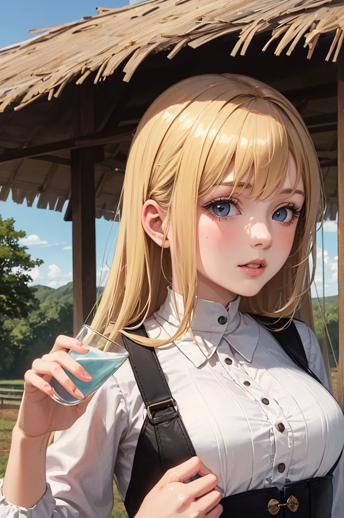 ((best qualityer)), ((work of art)), (detailded), 1 blonde girl, drinking milk on the farm 