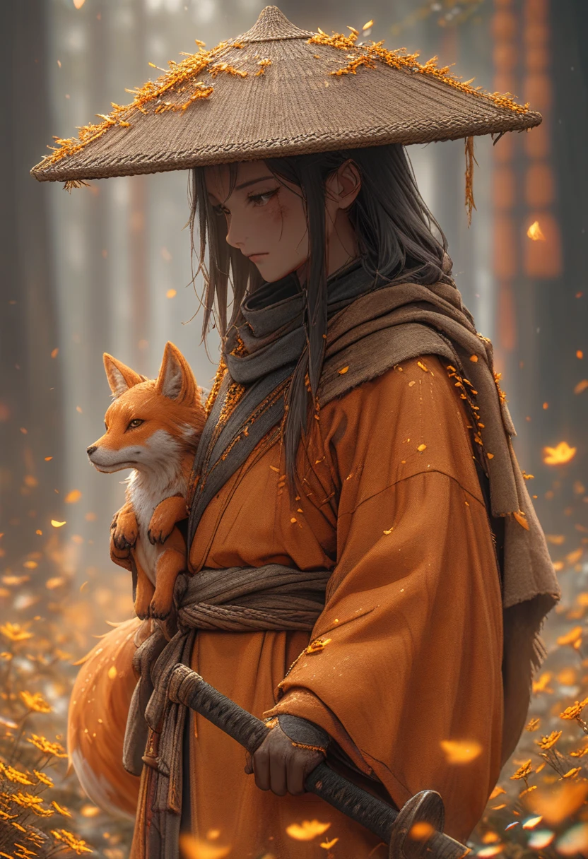 A fox's androgynous daughter, Flat Chest,masterpiece, Highest quality, so beautiful, Wakizashi in right hand,knife,