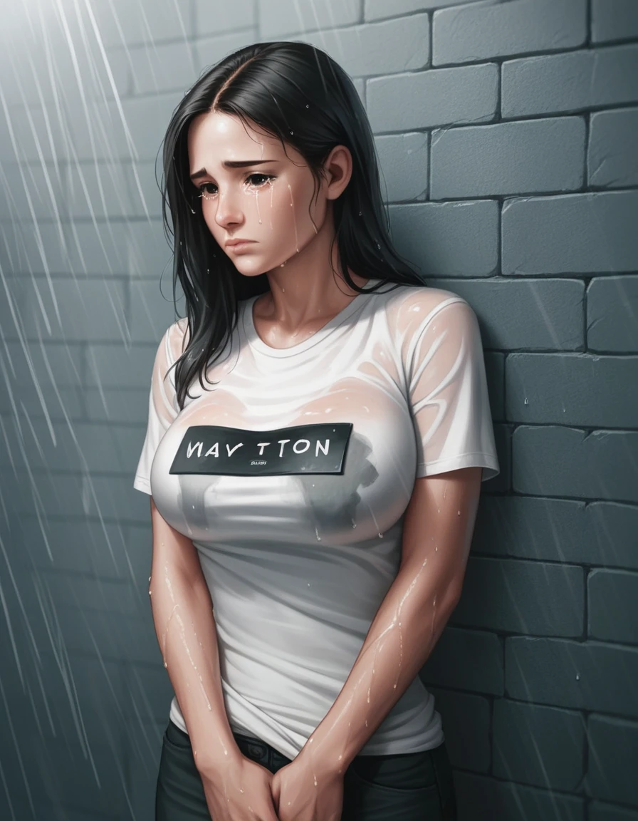 photo of a beautiful girl, 18 years old, leaning up against a stone wall, sad, (crying:1.2), (white wet t-shirt:1.4), (clinging clothes), (moody), (deep shadows:1.4), (heavy rain:1.4), (dark theme:1.4), narrow hips, detailed face, skinny, , natural large breasts, perfect hands, real skin, textured skin, intricately detailed eyes, perfect lips, cinematic lighting, (subsurface scattering:0.9), (depth of field:1.4)