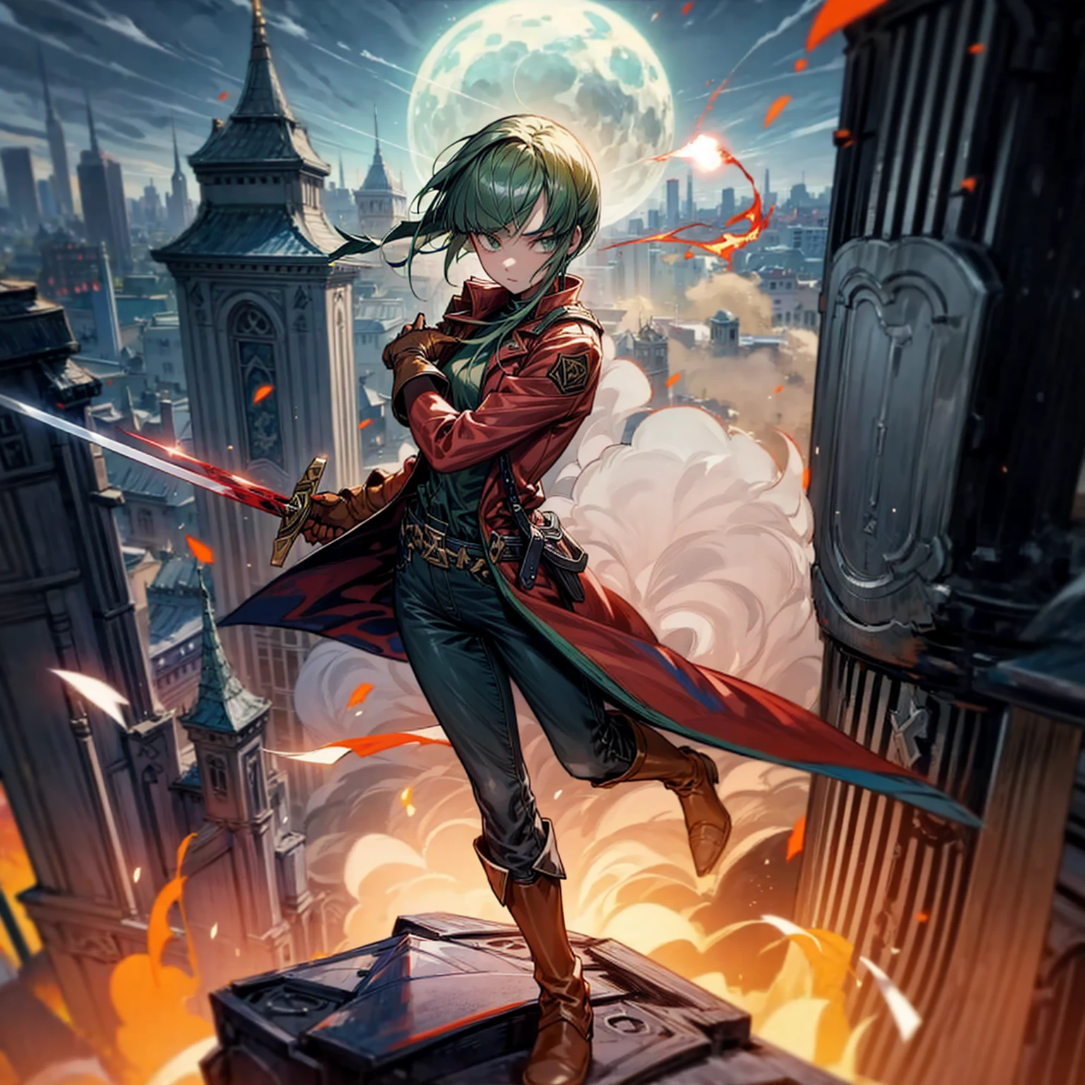 1girl, Full body version, 1character, green eyes, short haircut, (green color hair), soldier style clothing, red colour clothing, jacket, jeans, belt, boots, gloves, Grassroots, background On the roof of a city building, motion blur, (detective conan style art), sword in hand, fire effect on sword, lighting effect on sword, fire effect, smoke effect, aura effect, Moonlight, bloody background, blood on face, blood on shirt, blood on sword
