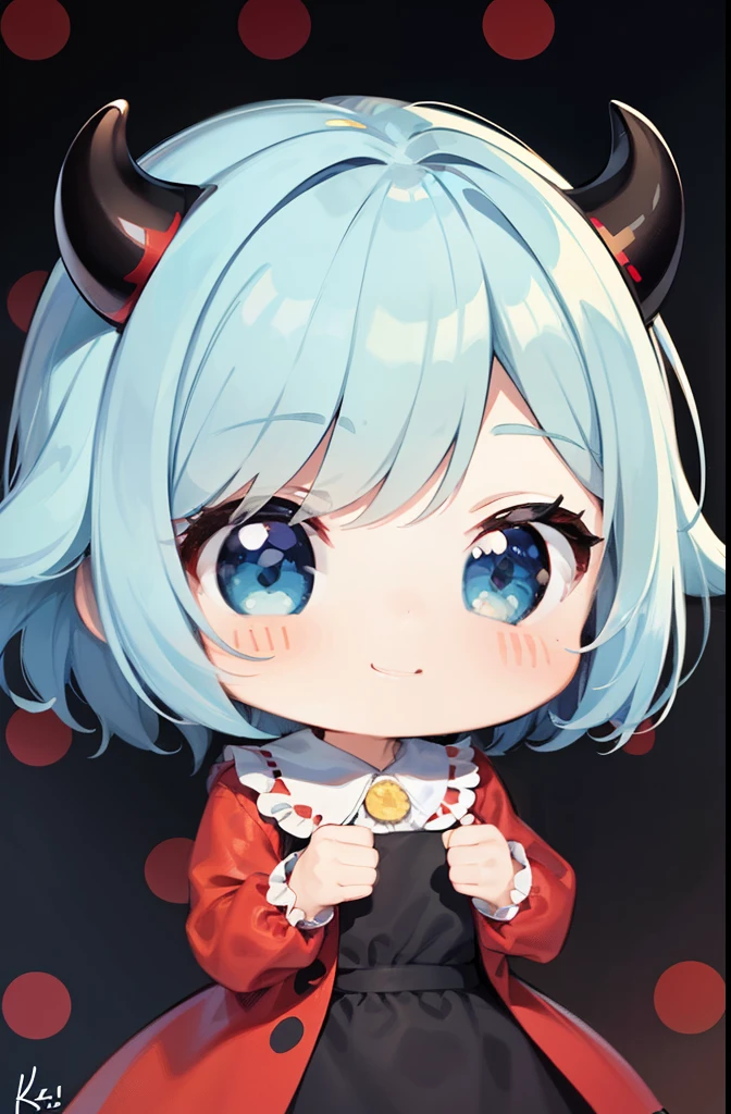 fanart of Sakuya in devil horns chibi (Aoi Kusama) - S2, (chibi Sakuya, devil horns, red outfit, white hair, smiling, playful, hands playing with horns, detailed hair colors, glossy skin, sharp focus, vibrant color:1.2, indoors, dark room, soft lighting, highres, 4K, Best Quality, Aoi Kusama signature style:1.9, Kusama's dots, chibi character, cute anime style, S2 themed background)