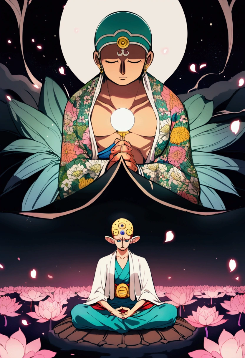 God enel from one piece, is meditating, Cherry blossom garden at night, Full moon and lotus、The Buddha is watching
