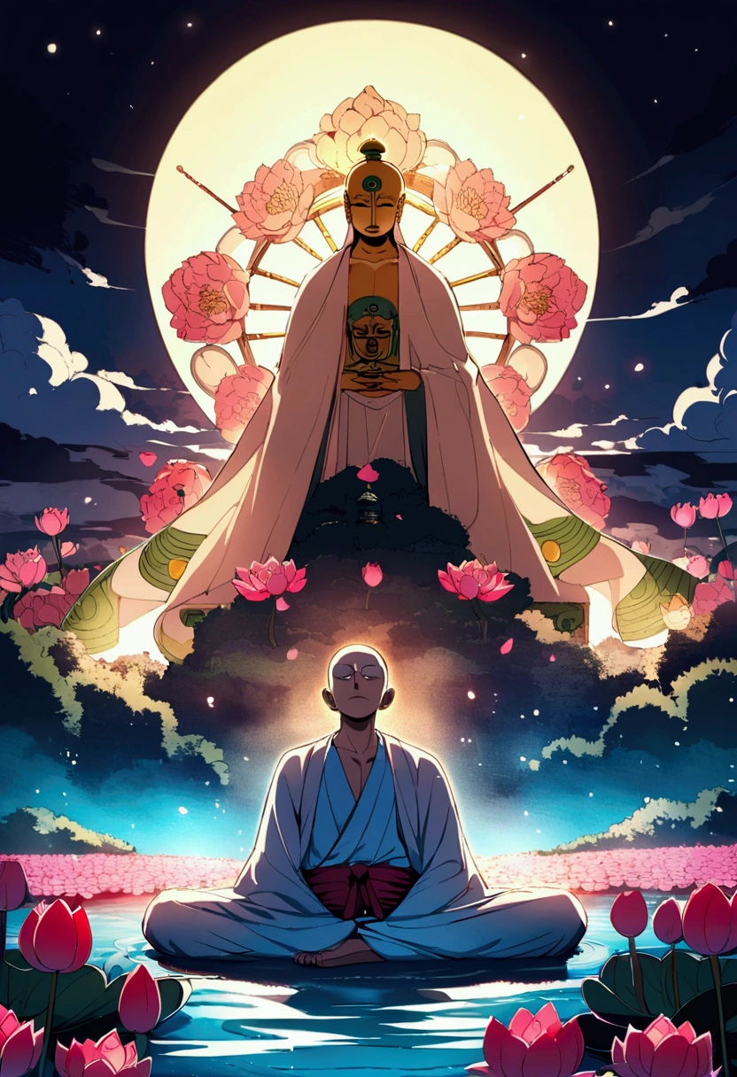 God enel from one piece, is meditating, Cherry blossom garden at night, Full moon and lotus、The Buddha is watching
