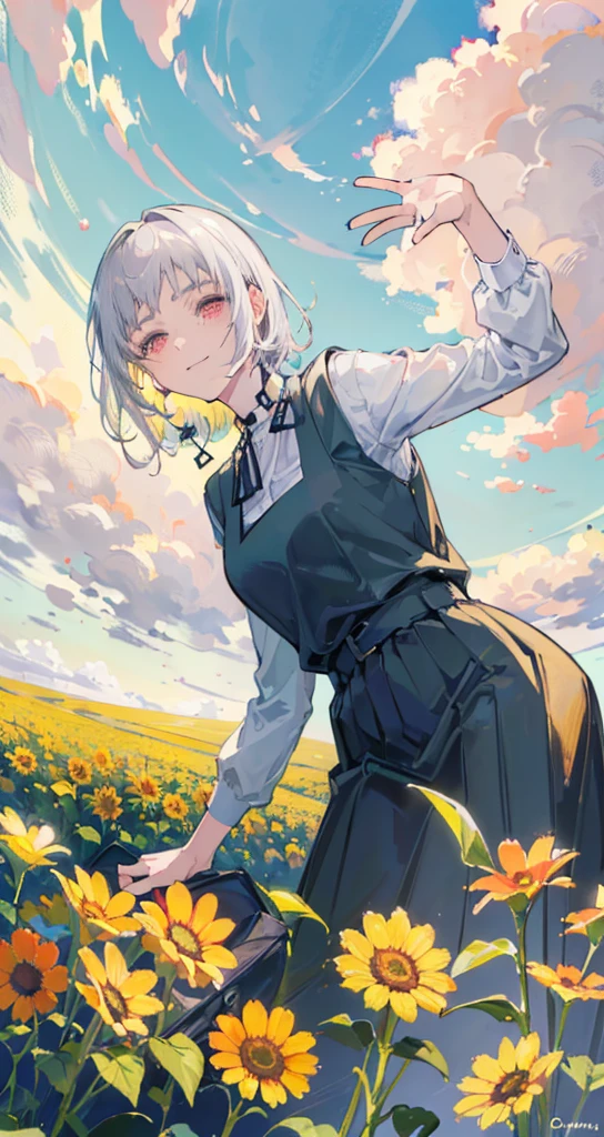 (1 girl) short gray hair, Kawai face, beautiful pink eyes, (Using custom maid) Smiled (background, warm flower garden field, green grass, Beautiful yellow white flowers diverse, grass looks soft) ((short gray hair should be blown to the right side, blown by a gentle breeze, bangs should also be blown to the right side, perfect, not messy)) Standing pose both hands holding a sunflower, Body pose slightly facing to the right (smiling softly with beautiful eyes) Beautiful perfect flower field garden background (soft warm bright clouds HD) 1:3 masterpiece quality (smooth image according to tag) (Necklace on the head with yellow flowers)