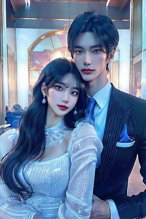 (8k masterpieces,crystal clear Korea skin and complxions, best quality,Higher quality ,girl, intricate details, chromatic aberration), 9no aberrations0(realistic),(skin), ((breath)),detailed hair,blue highlights, ambere eyes, earrings, sharp eyes,((symmetry eyes)),((perfect symmetrical body))handsome males,muscle,((absurdres, highres, ultra detailed)handsome, tall quite muscular Anime tall quite muscularyoung man Korean man full body figure A 80s Korean power business couple male and female almost 80s korean modellike for both males females cute attractive good looking handsome