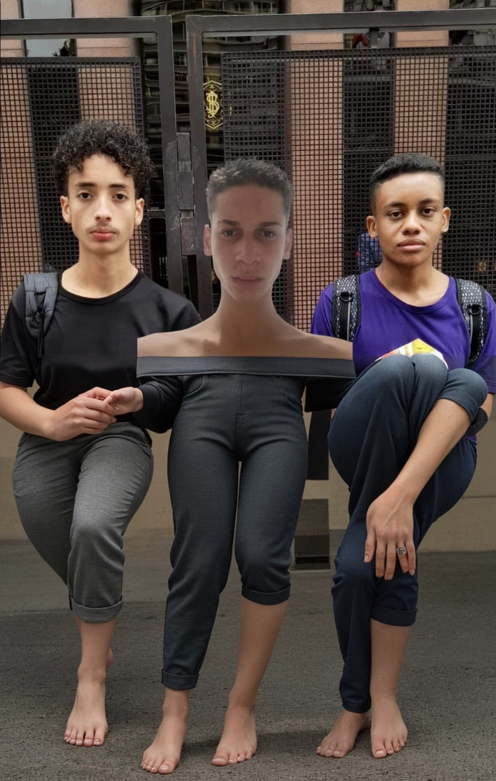 Make the bottom of these three people , make the pants and feet