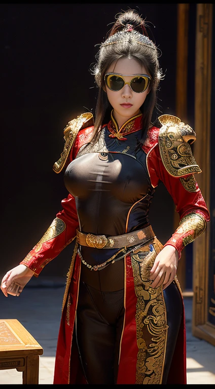 masterpiece, best quality, 1 girl, ((Large Breasts)， Long hair，(Transparent black silk)，(Breast position，Chinese Armor，Heart goggles )，Looking at the audience, (precise、Perfect face shape:1.3)，（Beautiful fingers），(Crotch front display)，Ultra HD，Ray Tracing,，reflected light， Correct structure，The award-winning，High Detail，Reduce shadow contrast，Facial lighting ，Cinema Lighting，masterpiece，Super Detail，high quality，High Detail， best quality，16K，High contrast，Close-up of woman, A young woman plays, Chinese Empress, yun ling, song nan li, , gujian,  zhao yun, Chinese Princess