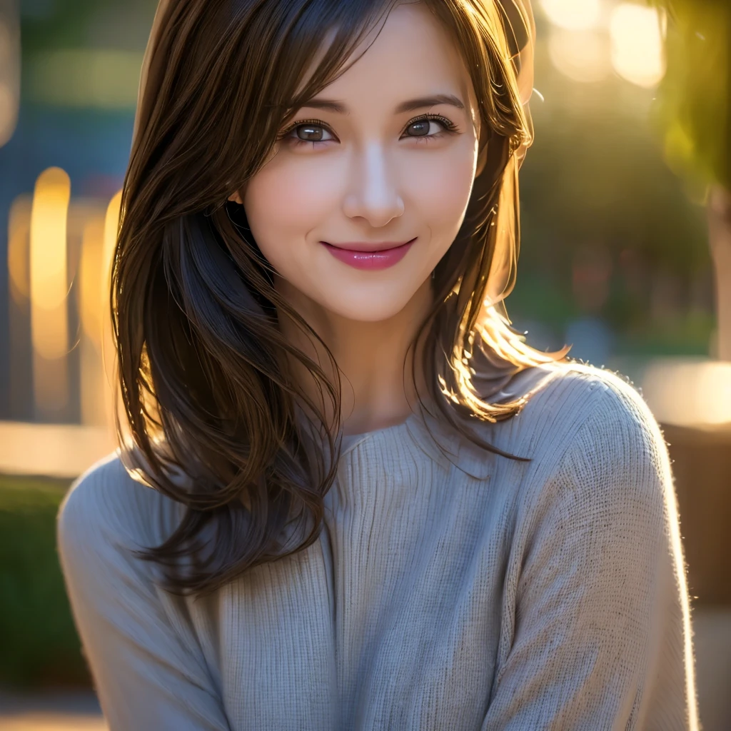 A gorgeous milf, smiling shyly with rosy cheeks, medium length hair in ponytail, hot casual sexy outfit, lover, outdoor, dating, intimate, detailed face, beautiful eyes, lush lips, intricate hairstyle, warm lighting, soft focus, photorealistic, cinematic composition, romantic atmosphere, (best quality,4k,8k,highres,masterpiece:1.2),ultra-detailed,(realistic,photorealistic,photo-realistic:1.37),HDR,UHD,studio lighting,ultra-fine painting,sharp focus,physically-based rendering,extreme detail description,professional,vivid colors,bokeh,portrait