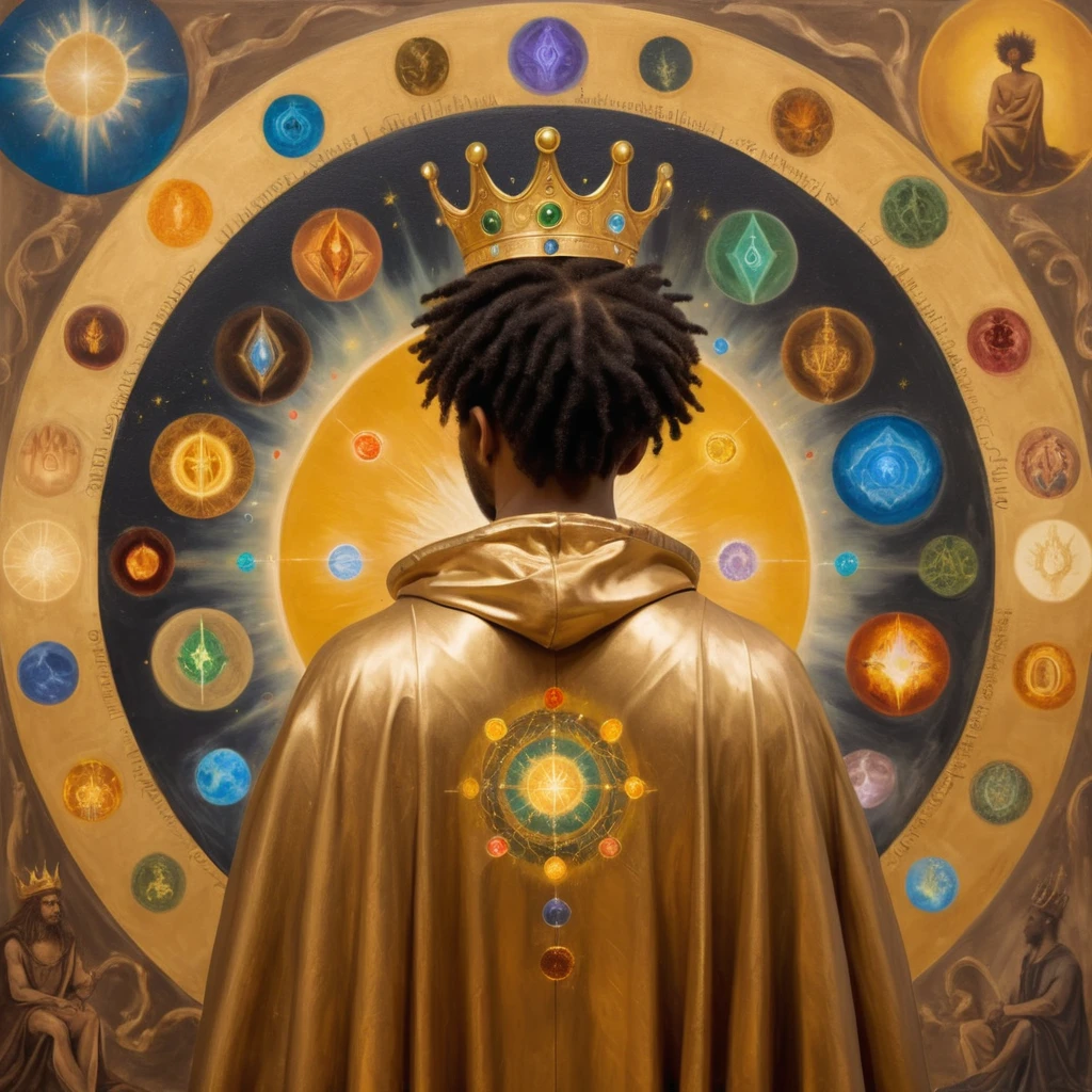 young black man with his back, shorth hair (scrached), with a crown on his head and a cedar, with a golden cloak with the 7 chakras, luxurious setting, and with art and beautiful elements. He looks and beholds the cosmic golden celestial realms, with astrology elements, renaissance painting, oil painting inspired by leonardo da vinci. 