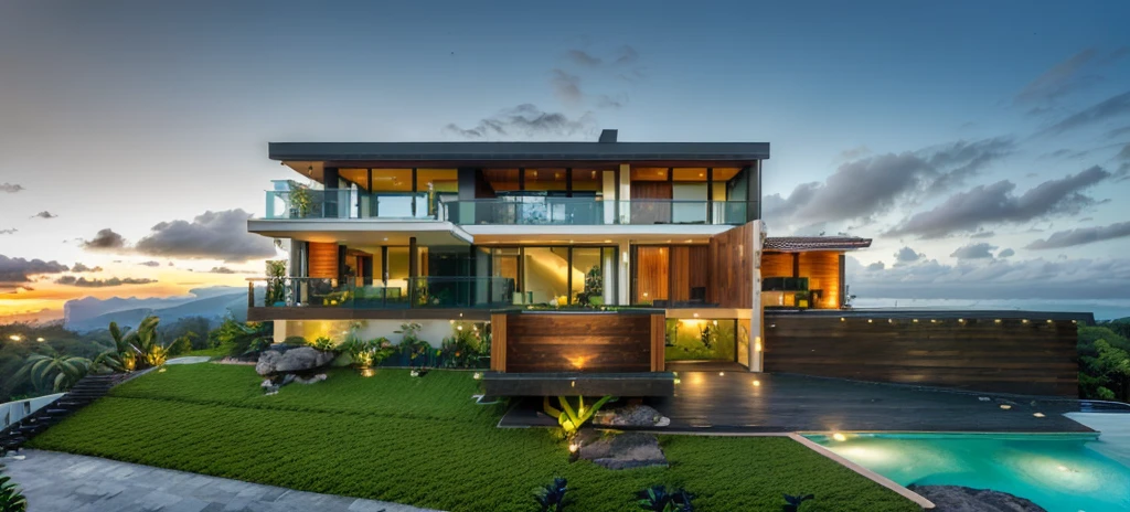 exterior contemporary villa, ((half way up the tropical hill)), cladding stone mix with nature wood material, glass rail, glass door, plants on balcony, glass window, ((nice landscape with tropical trees and plants)), green grass, best quality, high quality, master piece, realistic photo, front swimming pool, daylight, sunlight, ((tropical forest in the background))