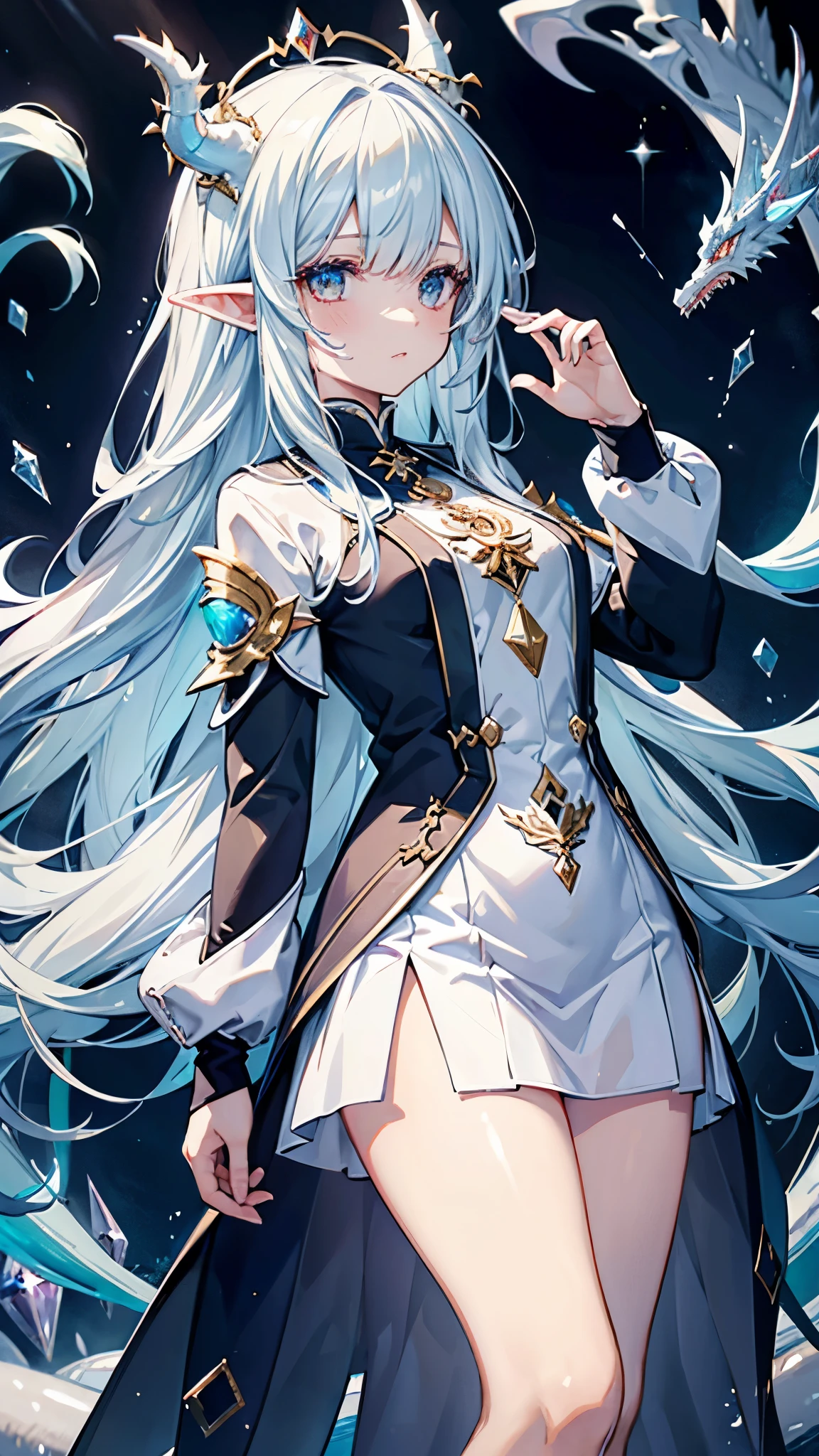 girl,Diamond Dragon Horn,Crystalline hair,Hands made of opal,Mirror-like windbreaker,Milky white dragon tail,madman,Crystal Dragon,Elf ears,Sanhua,alchemy,Sea Monster,Holy See