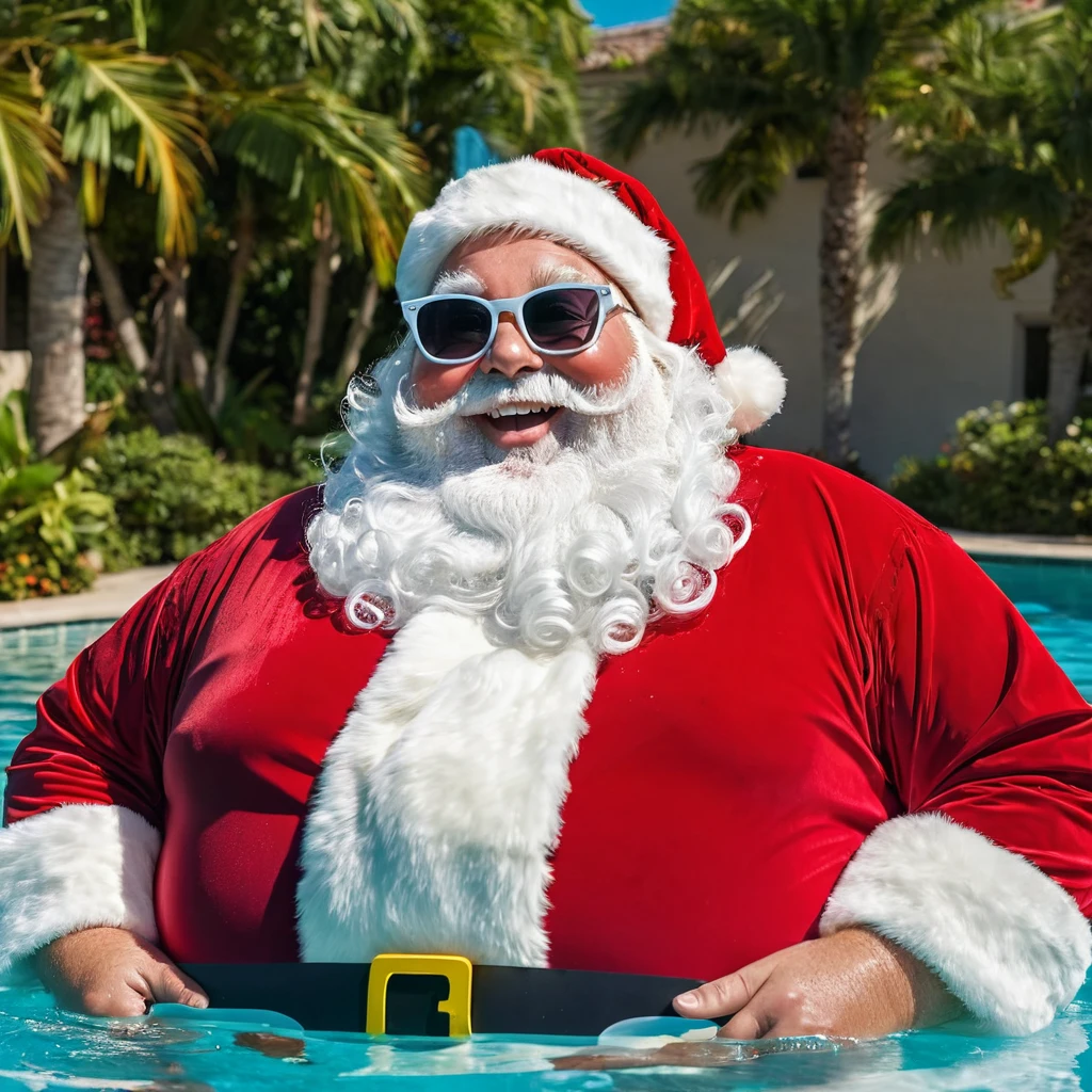Captures an image from different angles of a pool on which a very fat and smiling Santa Claus floating in the water bathing with sunglasses, very happy and holding a giant blank sign without text in his hands above his head, Santa's helpers who are on vacation also accompany him in the pool. All the action takes place under a bright sun on a Mediterranean beach with impressive lighting for a perfect shot. Professional photography, 8k, RAW photo, The best quality, masterpiece, photorealistic, Highly detailed, cinematic lighting, sharp focus, réflex digital, high resolution, photorealistic,