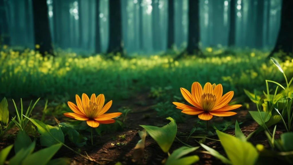 a close-up of a flower in the middle of a forest, with a blurred, gigantic monster running in the background, cinematic 4k rpg game style, flame trailer film