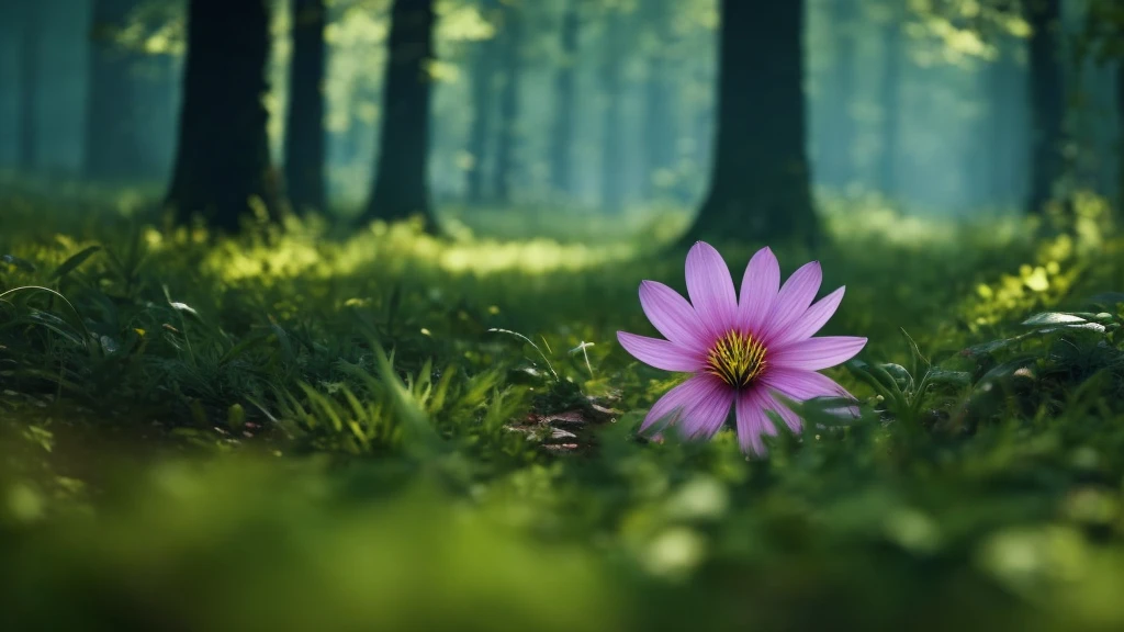 a close-up of a flower in the middle of a forest, with a blurred, gigantic monster running in the background, cinematic 4k rpg game style, flame trailer film