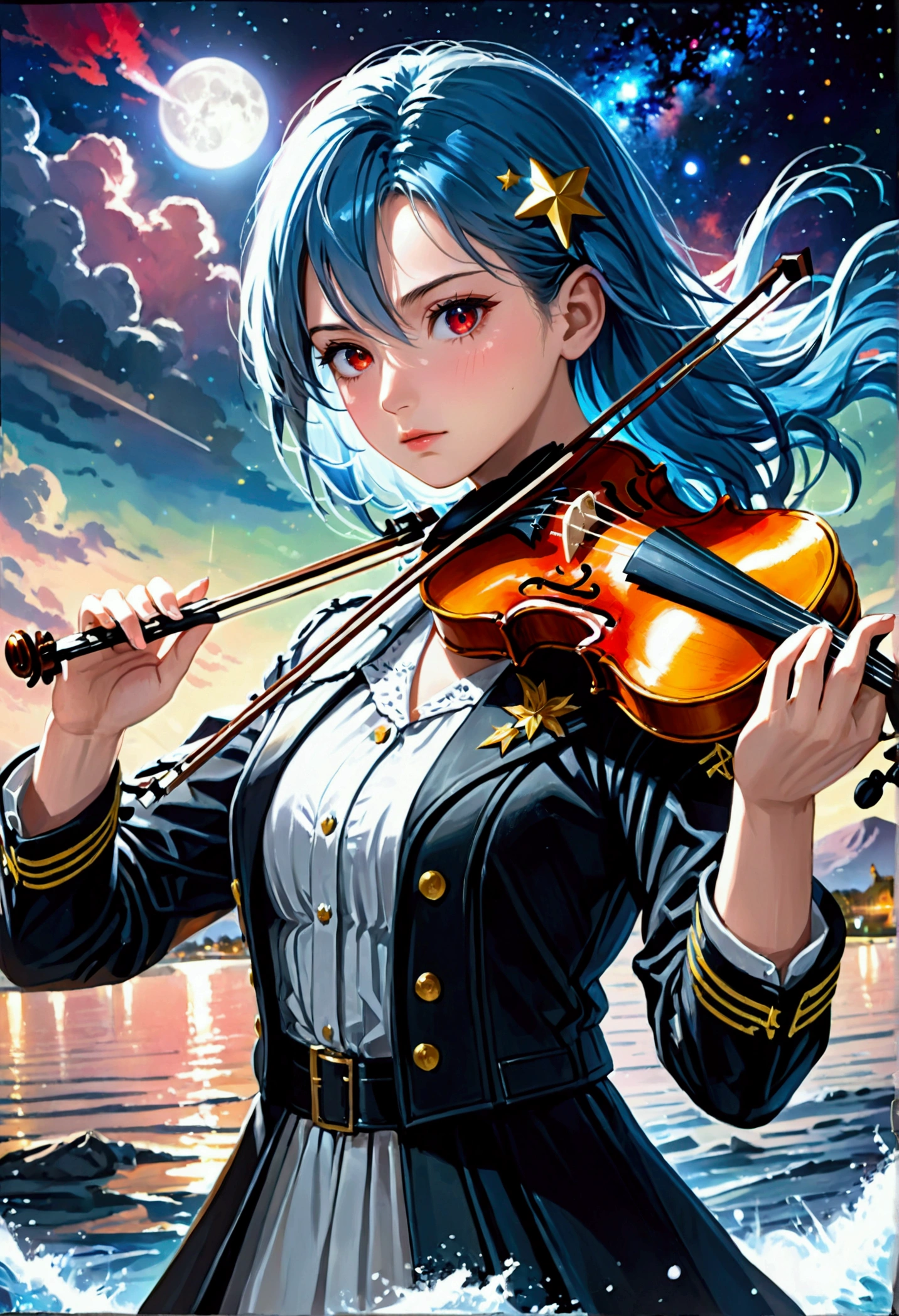 A young woman with sky blue hair and red eyes (((playing a violin))) ,on the water, surrounded by a fantasy night sky with colorful stars and a comet, wearing a black military uniform and closing one eye, (best quality,8k,highres,masterpiece:1.2),ultra-detailed,(realistic,photorealistic,photo-realistic:1.37),portrait,fantasy,cinematic lighting,dramatic colors,highly detailed facial features,beautiful detailed eyes,beautiful detailed lips,extremely detailed eyes and face,long eyelashes,elegant pose,magical atmosphere,dramatic sky,glowing celestial objects