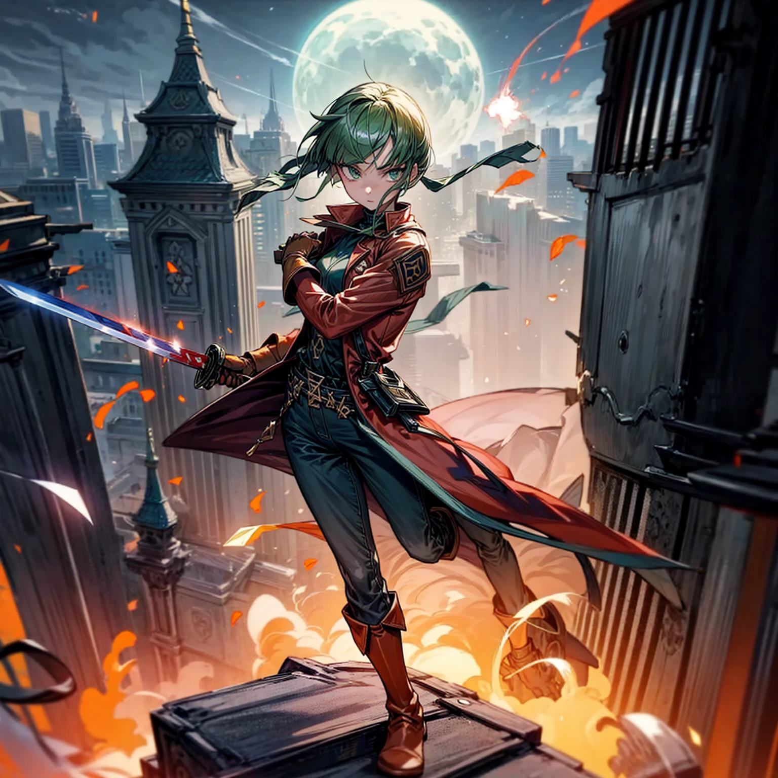 1girl, Full body version, 1character, green eyes, short haircut, (green color hair), soldier style clothing, red colour clothing, jacket, jeans, belt, boots, gloves, Grassroots, background On the roof of a city building, motion blur, (detective conan style art), sword in hand, fire effect on sword, lighting effect on sword, fire effect, smoke effect, aura effect, Moonlight, bloody background, blood on face, blood on shirt, blood on sword 