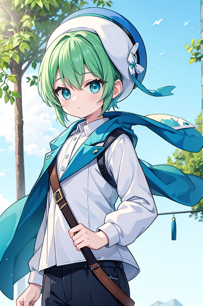 boy Green Hair Blue clothes White hat Sniper