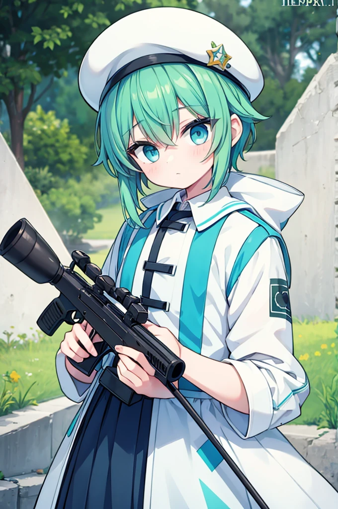 boy　Green Hair　Blue clothes　White hat　Sniper