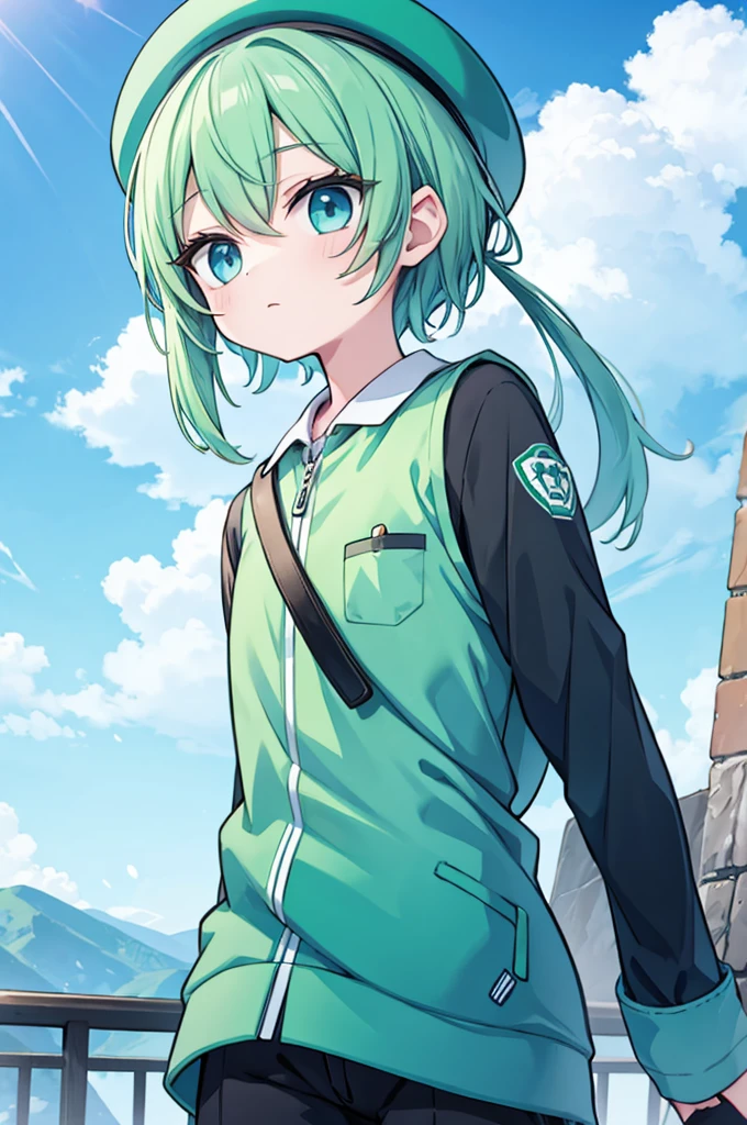 boy　Green Hair　Blue clothes　White hat　Sniper