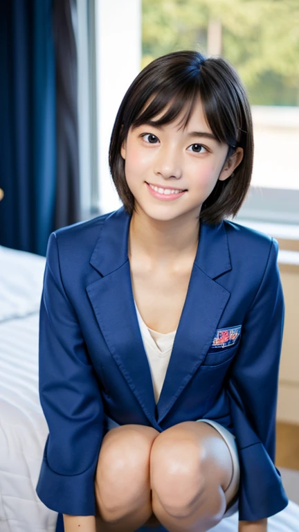 lens: 135mm f1.8, (Highest quality), (Beautiful  Japanese girl), (Moisturized lips), Narrow eyes, double eyelid, Delicate clavicle, Flat Chest , Embarrassed about my small, undeveloped breasts, smile, (Spotted sunlight: 1.2), Professional Lighting, (Petite figure), (Sunburned skin: 0.2), Full body photo, Full Body Focus, (Kneeling)、A neat and tidy honor student、Slender body、(A  with a navy blue blazer:1.5)、Boyish, very very short hair in a ponytail、Stylish white bedroom、Ribbon on chest、Sweep all your hair back、