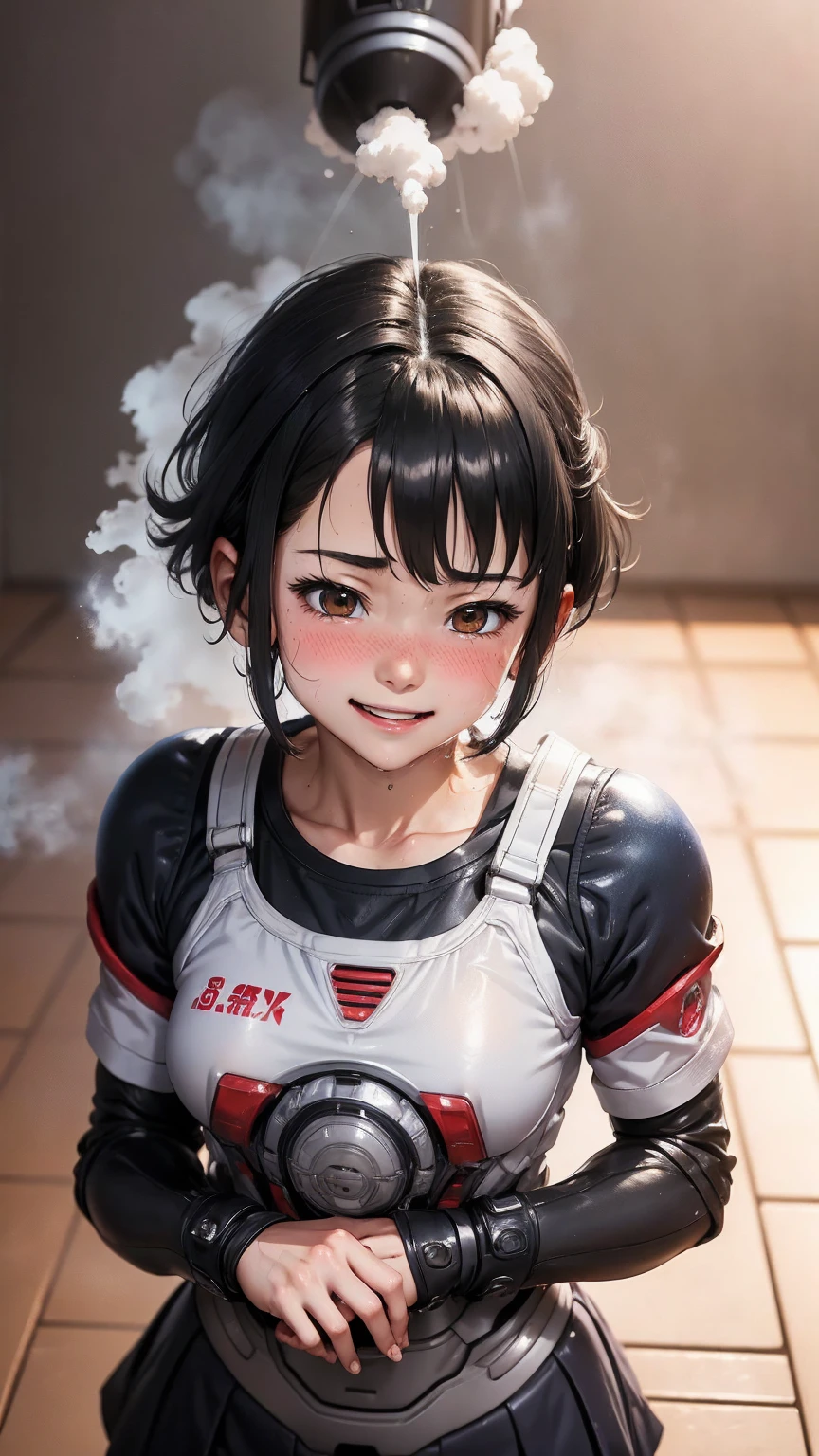 Highest quality　8k Gundam Suit Girl　Elementary school girl　Sweaty face　Cute Smile　short hair　boyish　((Steam coming from the head))　My hair is wet with sweat　Black Hair