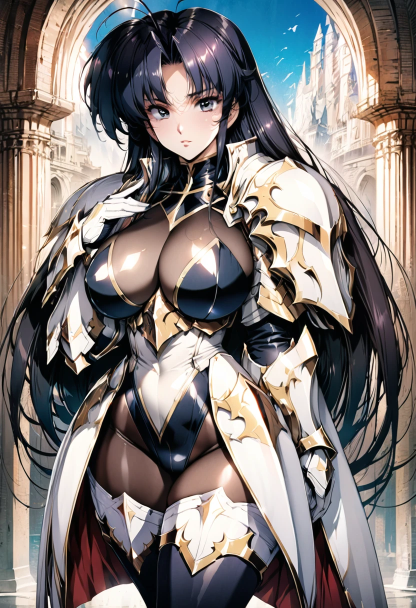 ((highest quality)), ((masterpiece)), ((hyperrealistic)), (detailed background), 1girl, ((curvy: 1.2)), perfect face, Langrisser, stylish pose, ((lamé leotard: 1.5)), ((catsuit)), ((black paladin armor: 1.3)), ((long skirt)), (cloak de cour), gauntlet, gloves, belt, silver straight hair, ahoge, parted bangs, (huge breasts), (see-through cleavage cutout), (zettai ryouiki armored thigh high boots), (pantyhose thigh), beautiful eyes, Perfect hands, perfect fingers,