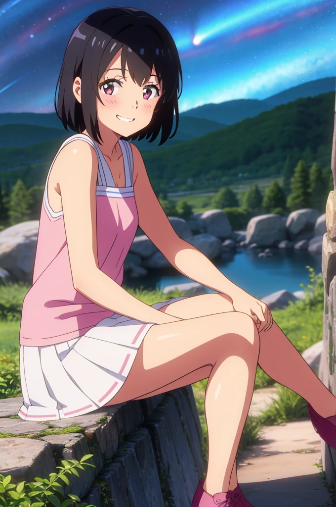 shinkai makoto, kimi no na wa., 1girl, bangs, black hair, blush, brown expressive eyes, perfect face, looking at the viewer, pink sleeveless dress, white skirt, short hair, solo, outdoors, shinny skin, smile, cute, grin, night sky, mountains, rocks, sitting, dynamic pose, (masterpiece), best quality
