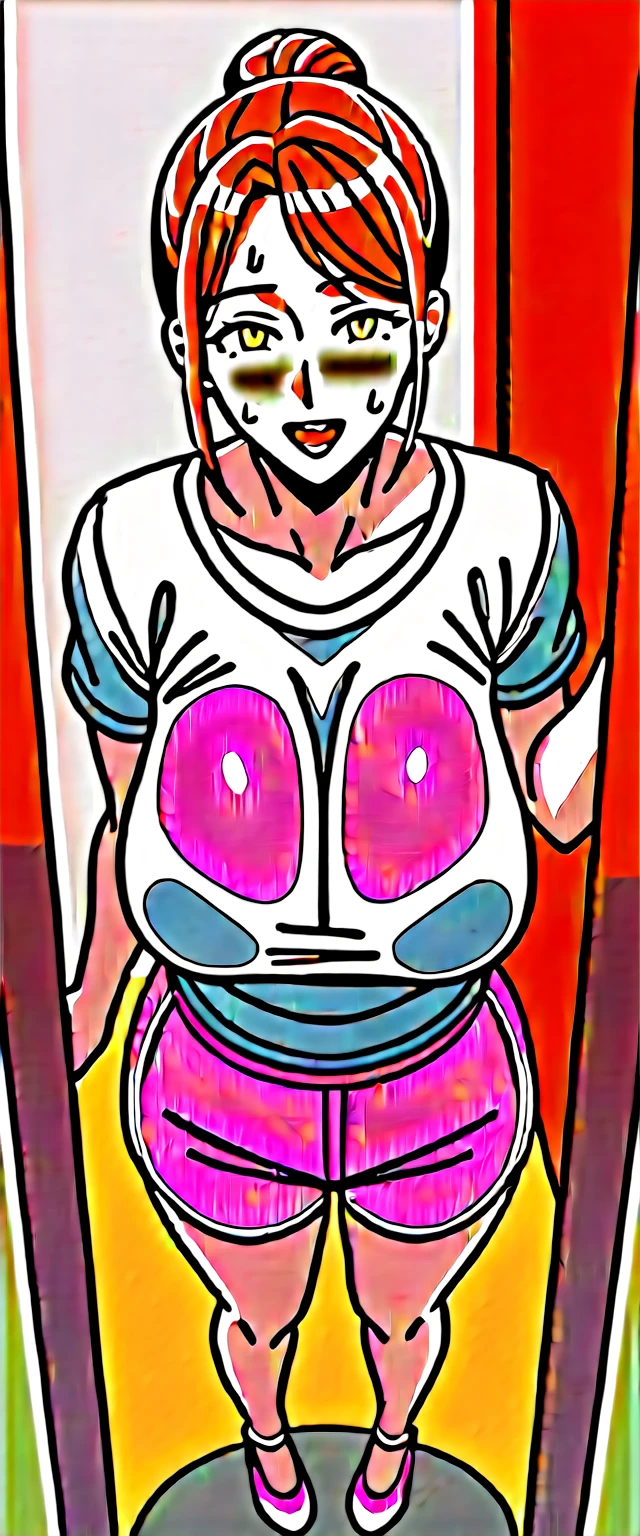 best quality, masterpiece, ultra-detailed, high quality, highres, takeda hiromitsu style, 1girl, mature female, brown hair, hair bun, beautiful, beautiful and perfect face, smile, open mouth, looking at viewer, (white t-shirt, pink shorts), sweating, see through, breasts, large ass, curvy body, POV, close shot, from the front, from above, full body, standing, in home, open the door, leaning forward
