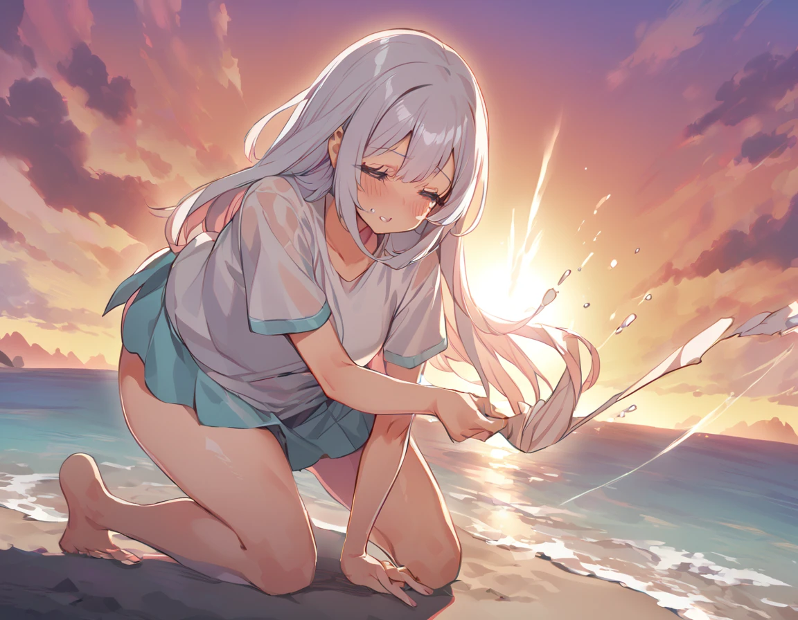 One cute girl with big asturbation in cowgirl position、Rubbing your with your left hand、Playing with the mansuji with the right hand、Deserted island at sunset