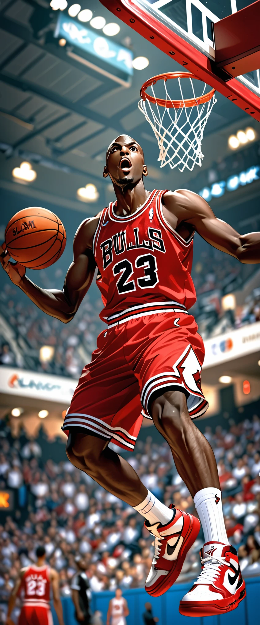 (masterpiece:1.2,Highest quality,Highest quality,High resolution),(Super detailed),(Anime Style),8k,wallpaper,One Man,Black,Basketball Player,Michael Jordan,Detailed face,Sticking out tongue,Chicago Bulls Uniforms,((front)),((Directly above)),((Lean your body back)),(((Jump very high towards the goal:1.6))),((Look up at the ball)),((Slam Dunk:1.6)),(((Dynamic Angles),Basketball Court,(((Background Blur))),(((Upper body close-up))),((From below))