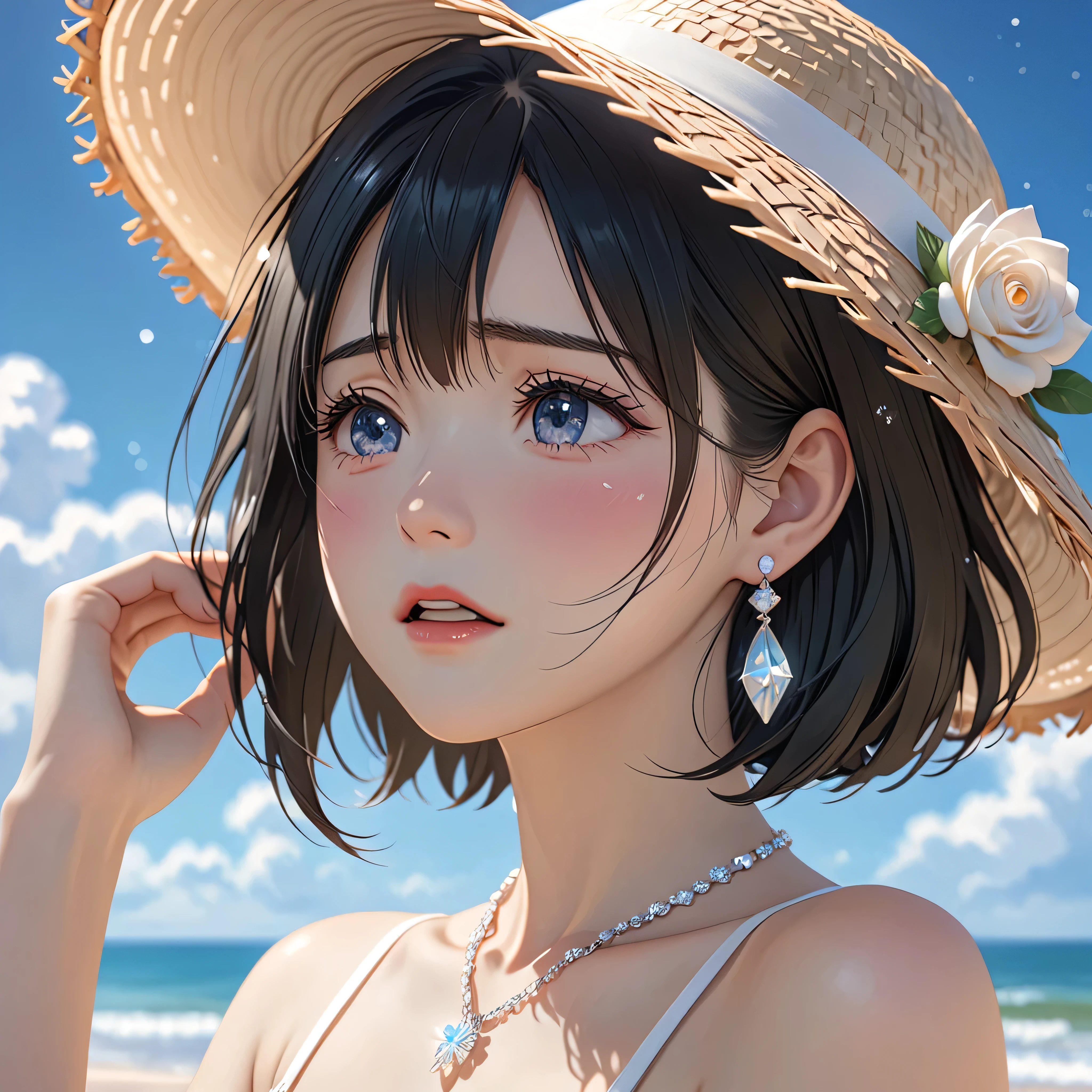 National Science Foundation,masterpiece,High resolution,8k,Art,digit,Three-dimensional,Realism,Kyoto Animation Style,your name movie style,looking into camera,cute,On the scenic beach,(1 girl: 1.3),(alone: 1.4),(Upper body nudity),Put your hands behind your head,White Rose Summer Sunshade Straw Hat,white crystal necklace,White crystal earrings,Black hair,Long eyelashes,Slender legs,Short Bob,Close-up of upper body,Close-up,(A Closer Look),Eyes as deep as the starry sky,shy,blush,pain,sad,sad,cry,Tears,open mouth