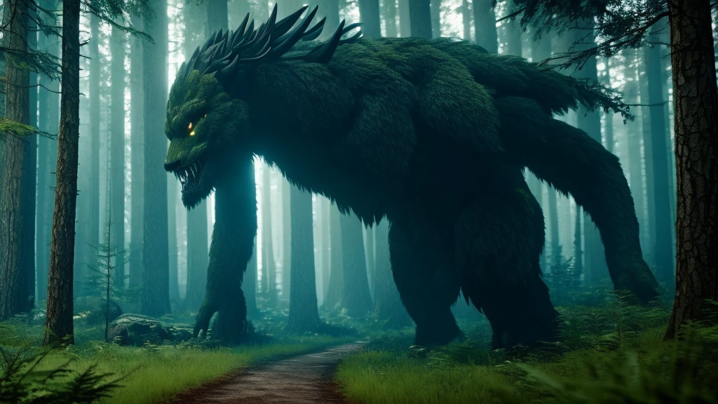 a close-up forest, with a blurred, gigantic monster running in the background, cinematic 4k rpg game style, flame trailer film