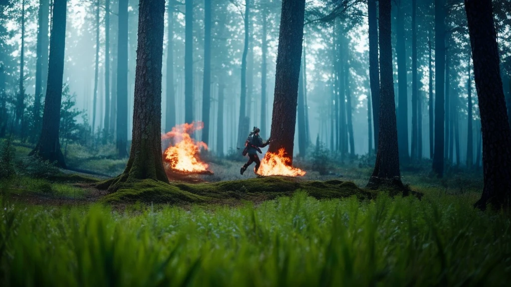 a close-up  forest, with a blurred, gigantic monster running in the background, cinematic 4k rpg game style, flame trailer film