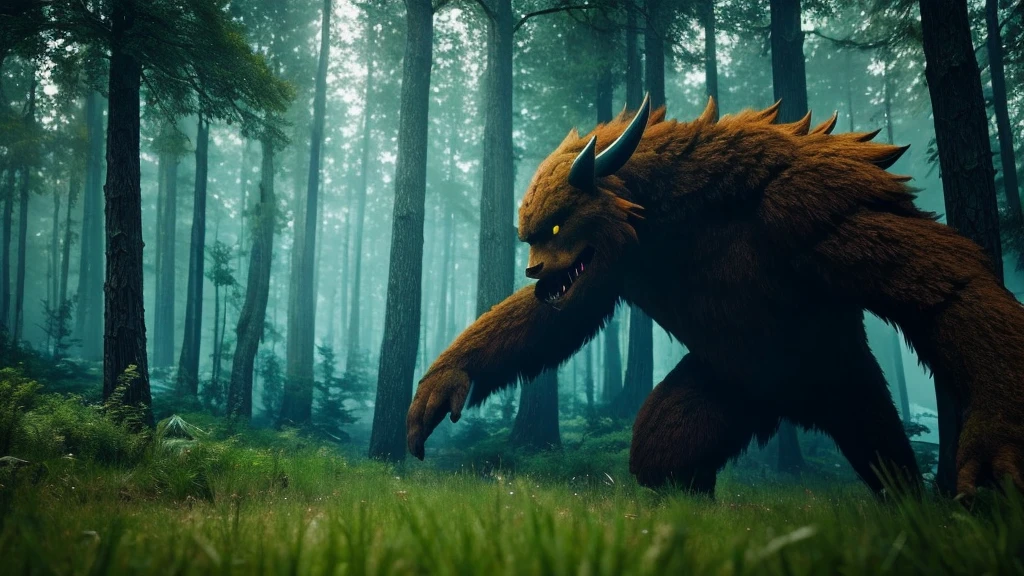 a close-up forest, with a blurred, gigantic monster running in the background, cinematic 4k rpg game style, flame trailer film