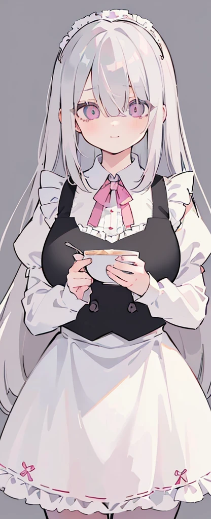 (((Long gray Beautiful Hair))),gray hair,kawai,(((Eyes visible from bangs,hair over eyes:1.3))),,Huge breasts,(pink color eyes),,(pink slanted eyes),1girl in,bangs,long gray hair, pantyhose,Cowboy Shot,white background,short hair,smiled,(wearing pink maid clothes), (maid dress type must have a perfect black vest), Bangs should be long to the tip of the chin(((, focusing on the bowl containing the dough and holding a spoon to stir it))), Kitchen room background, Perfect arm fingers,,, 1 girl, ((The image must match the tag)) Bangs almost cover the eyes full body (The character's entire body from top to bottom is completely visible)