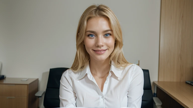 Very attractive blonde woman in a white blouse. blue eyes, facing the camera. In an expensive appartment. Sitting in an office chair, facing the camera. Smiling.